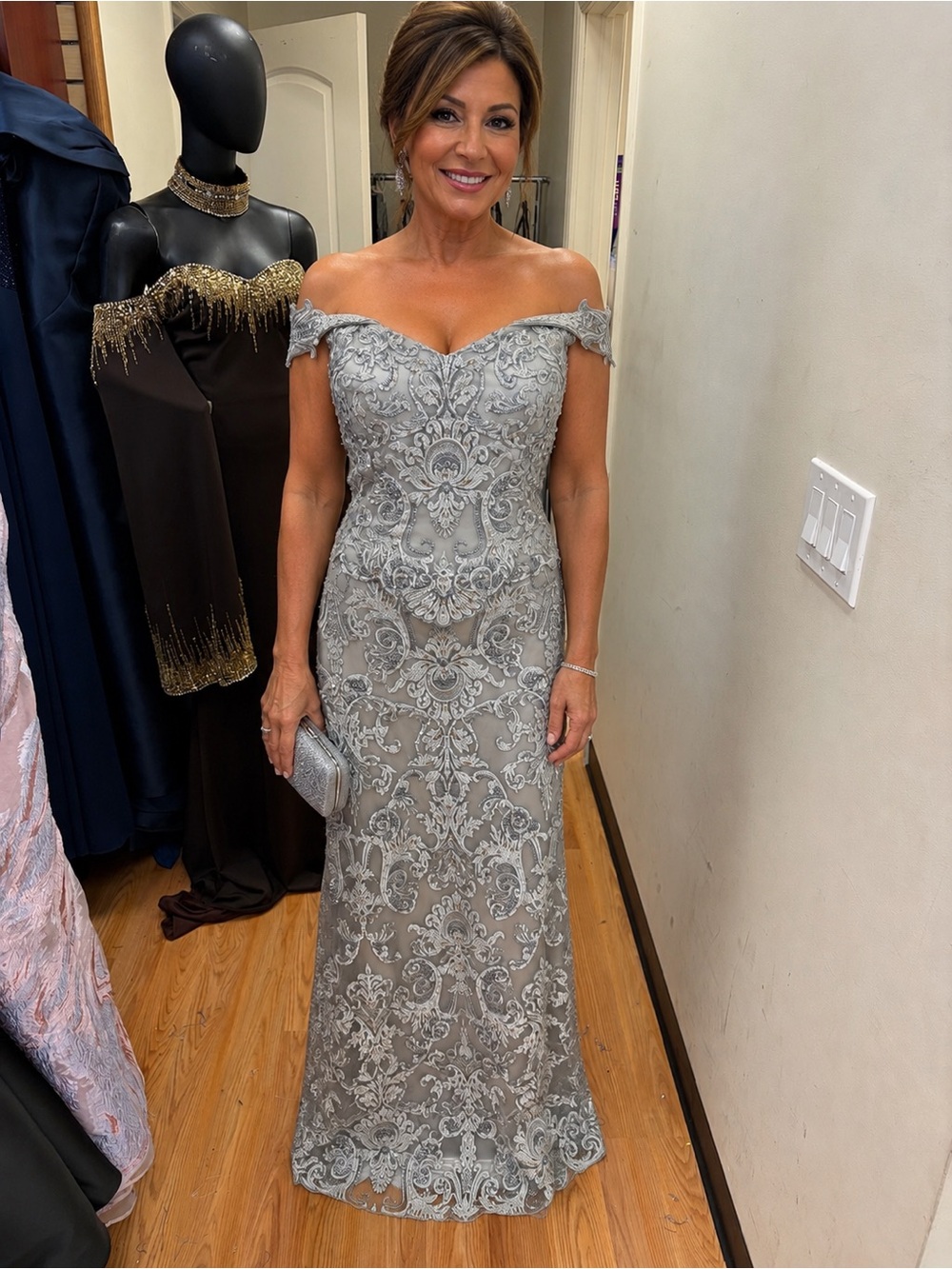 Off-Shoulder Silver Lace Evening Gown size 18 RD3122 Rina DiMontella